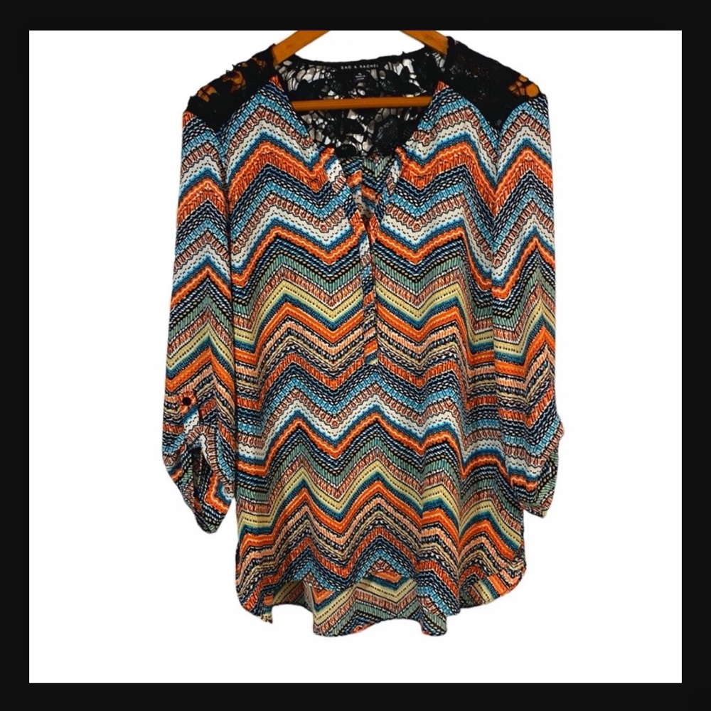 ZAC & RACHEL Orange Tan Blue Multicolor Chevron Black Lace Hi-Low Blouse M